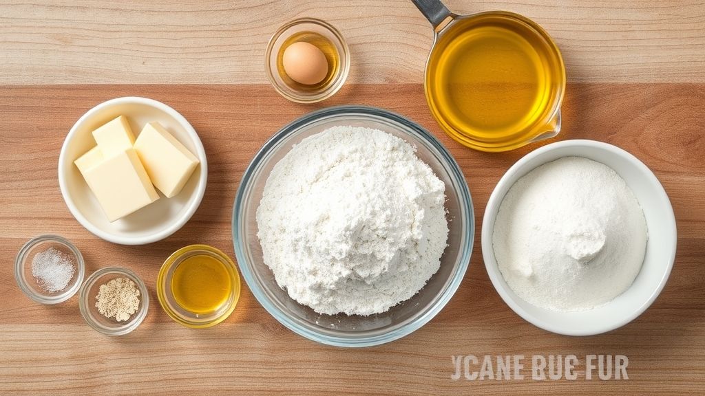 Visão de cima com manteiga, óleo e farinha organizados para preparo da mistura