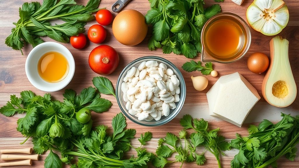 Ingredientes frescos dispostos em uma bancada de madeira: tomates, cebola, pimentões, limão e azeite