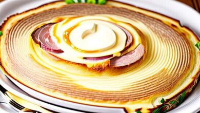 Lanche de forno dourado e cremoso, com camadas de pão de forma, presunto e queijo derretido servido em uma assadeira elegante