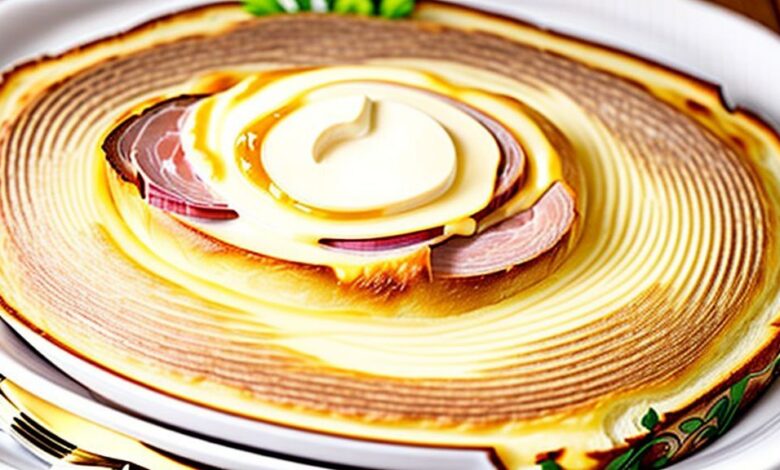 Lanche de forno dourado e cremoso, com camadas de pão de forma, presunto e queijo derretido servido em uma assadeira elegante