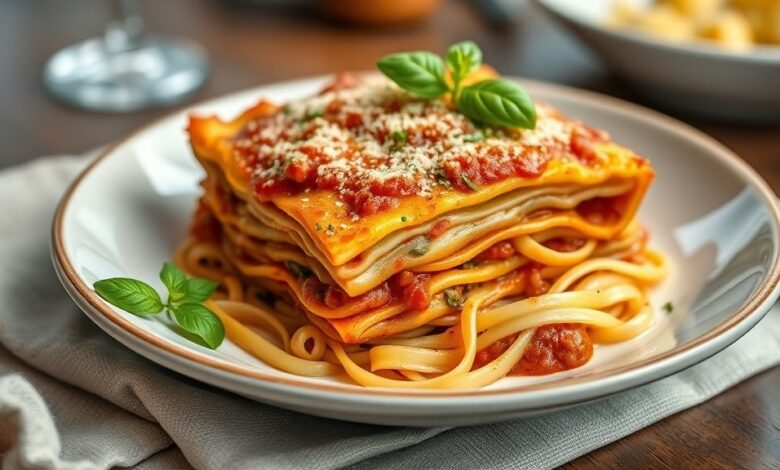 Lasanha dourada e gratinada, servida em refratário, com camadas cremosas de carne, molho e queijo derretido.