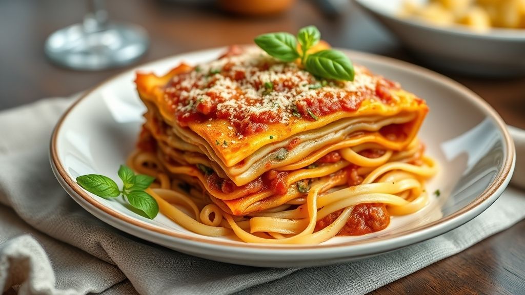 Lasanha à bolonhesa tradicional servida em refratário gratinado, com camadas cremosas de carne, molho e queijo derretido.