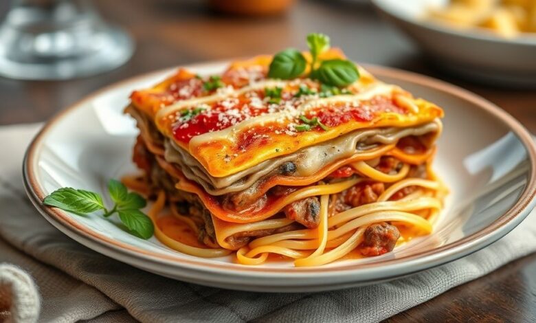 Lasanha de carne gratinada e dourada, servida em refratário, com camadas suculentas e queijo derretido