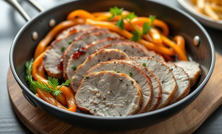 Lombo de porco dourado e suculento servido em prato rústico com leve brilho e acompanhamentos