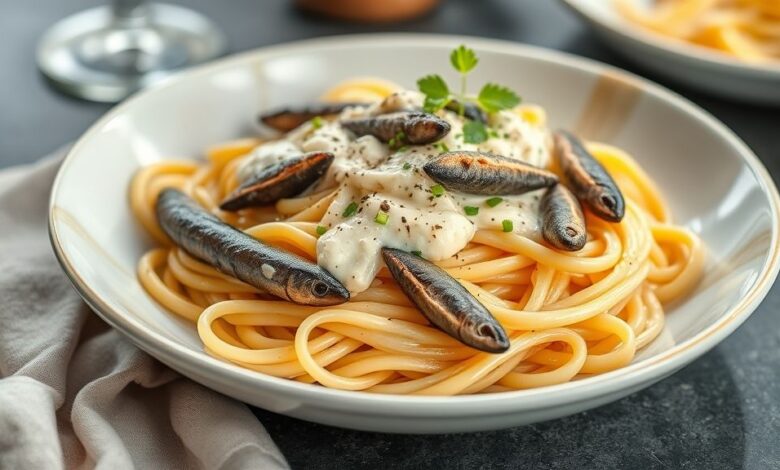 Prato de macarrão com sardinha e creme de leite cremoso, servido em travessa branca, com cheiro-verde e raspas de limão