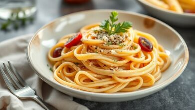 Prato de macarrão com molho de tomate e queijo ralado, servido fresco e apetitoso