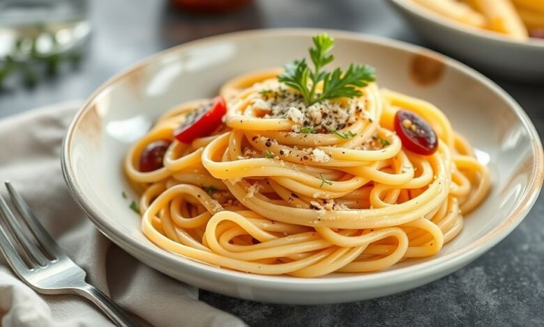 Prato de macarrão com molho de tomate e queijo ralado, servido fresco e apetitoso