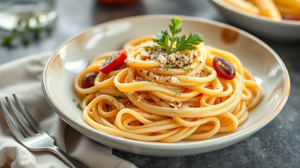 Prato de macarrão com molho de tomate e queijo ralado, servido fresco e apetitoso