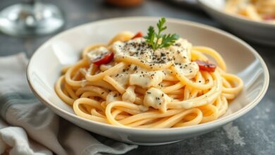 Prato de macarronada com molho cremoso de queijos, servido quente e decorado com folhas de manjericão