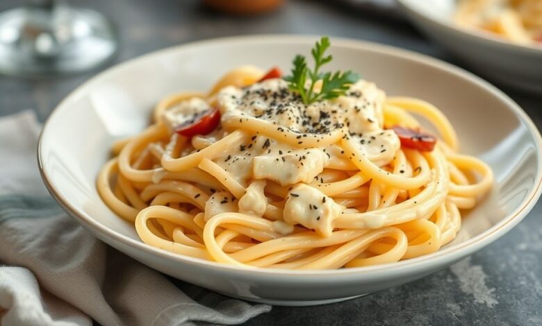 Prato de macarronada com molho cremoso de queijos, servido quente e decorado com folhas de manjericão