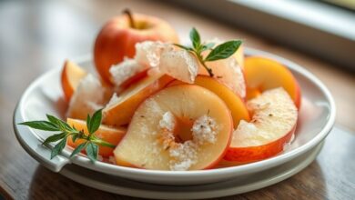 Fatias de maçã congeladas em potes de vidro, cor vibrante e textura preservada, prontas para uso em receitas