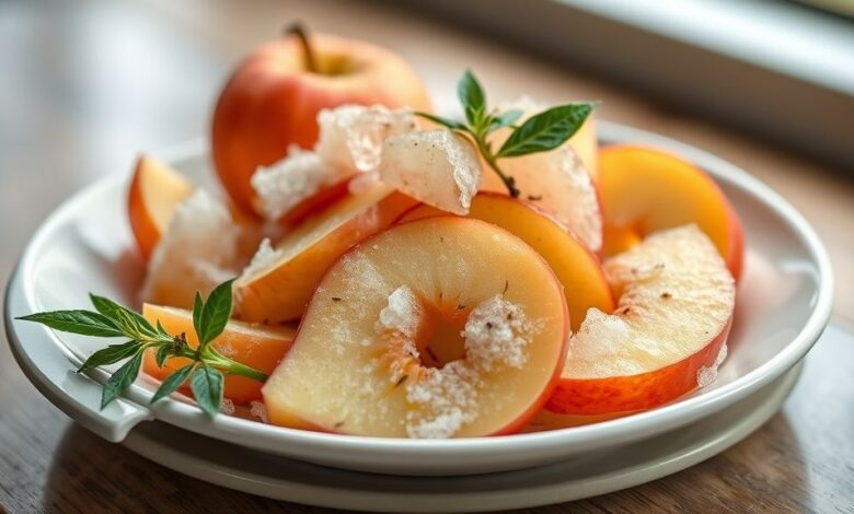 Fatias de maçã congeladas em potes de vidro, cor vibrante e textura preservada, prontas para uso em receitas