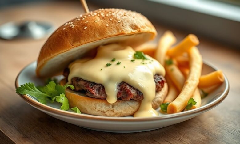 Maionese de hamburgueria cremosa em pote de vidro ao lado de batatas e hambúrguer artesanal