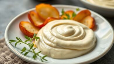 Maionese gourmet cremosa em pote de vidro com colher, textura aveludada e tom dourado claro