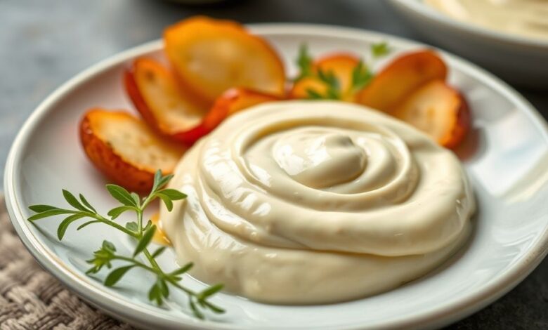 Maionese gourmet cremosa em pote de vidro com colher, textura aveludada e tom dourado claro