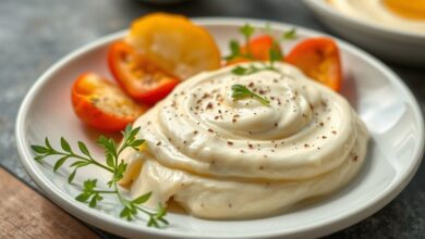 Maionese cremosa e leve sem ovo, servida em tigela branca com toque de ervas e aparência fresca e apetitosa