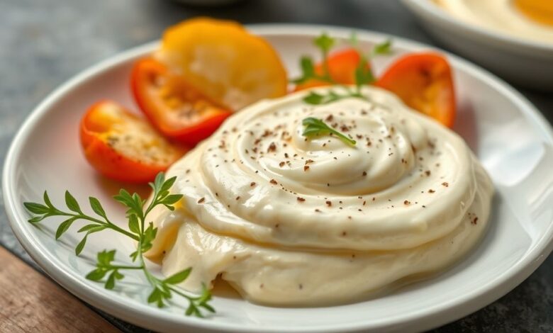 Maionese cremosa e leve sem ovo, servida em tigela branca com toque de ervas e aparência fresca e apetitosa