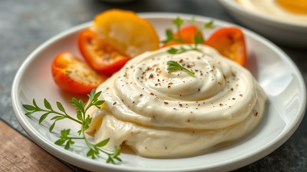 Maionese cremosa e leve sem ovo, servida em tigela branca com toque de ervas e aparência fresca e apetitosa