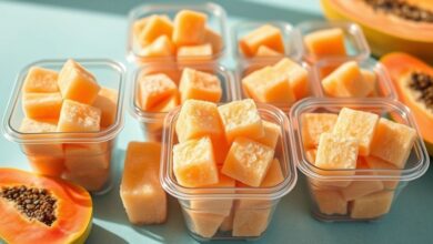 Cubos de mamão congelado armazenados em potes transparentes sobre bancada de cozinha, com aparência fresca e colorida