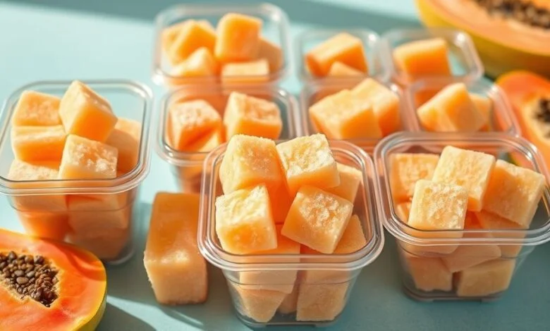 Cubos de mamão congelado armazenados em potes transparentes sobre bancada de cozinha, com aparência fresca e colorida