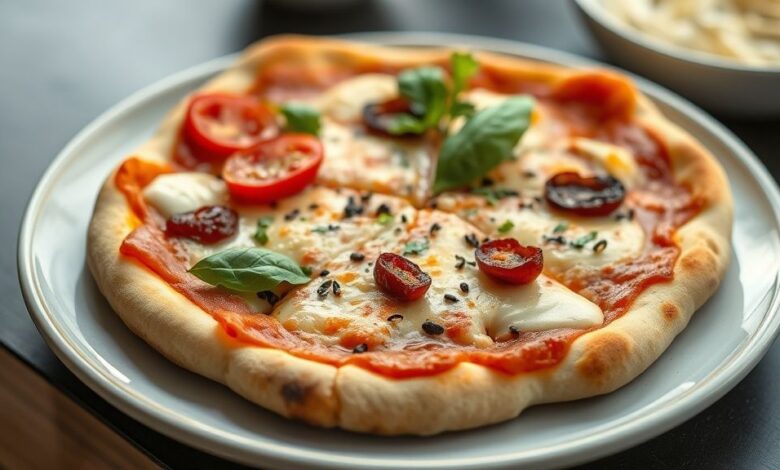 Pizza com massa fina, dourada e leve, com bordas crocantes e aparência apetitosa