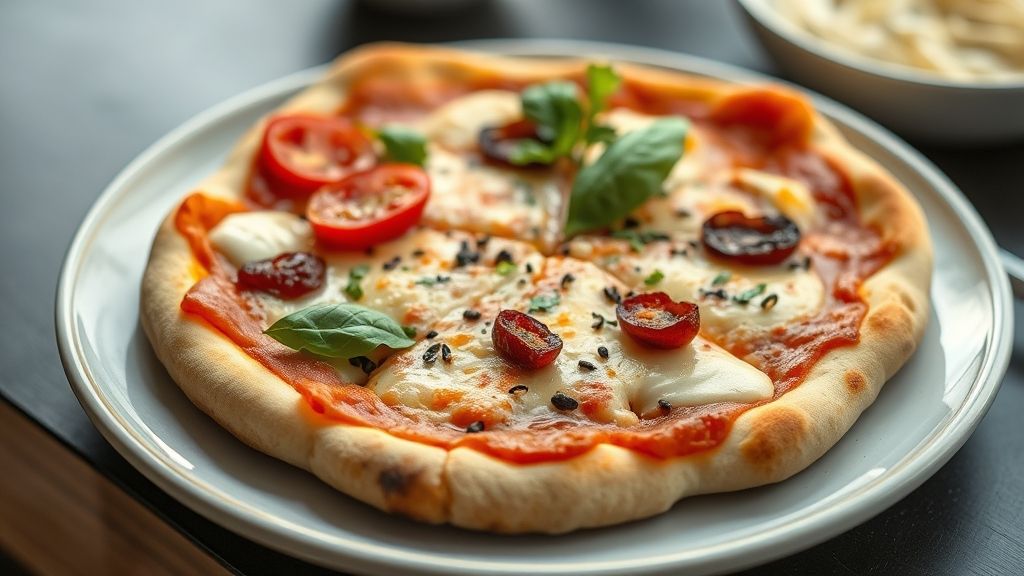 Pizza com massa fina, dourada e leve, com bordas crocantes e aparência apetitosa