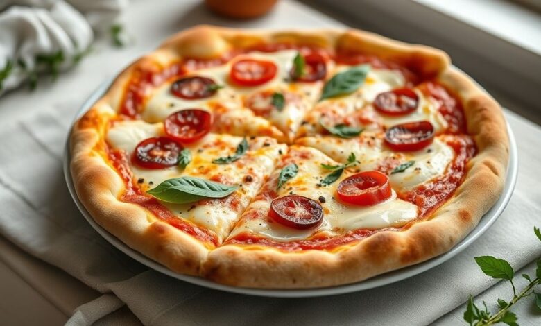 Pizza caseira dourada feita com massa de pizza sem leite, coberta com tomate, azeitonas e ervas, sobre uma tábua rústica