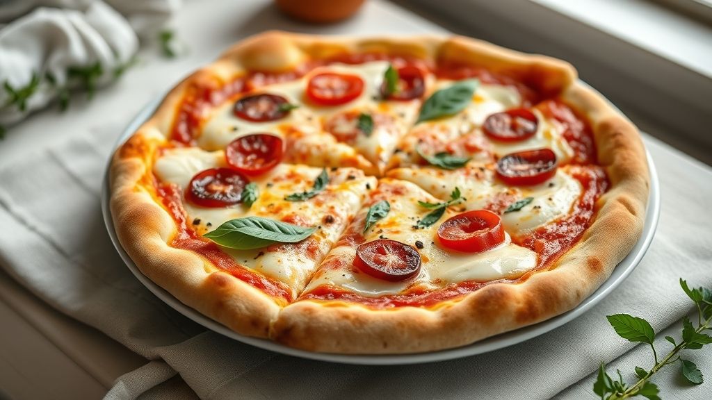 Pizza caseira dourada feita com massa de pizza sem leite, coberta com tomate, azeitonas e ervas, sobre uma tábua rústica