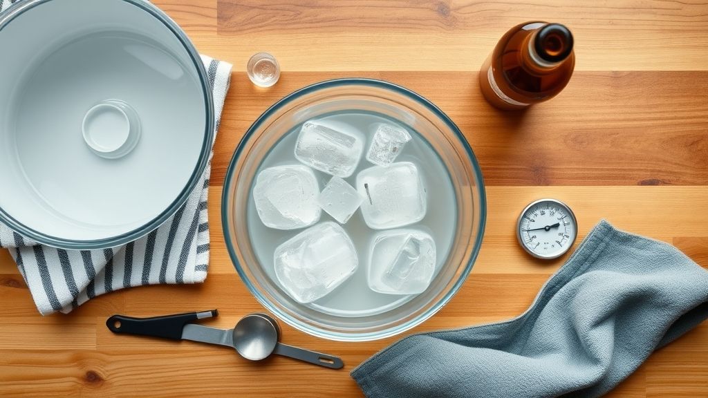 Vista de cima com garrafa, recipiente com água fria, toalha e termômetro sobre bancada de cozinha