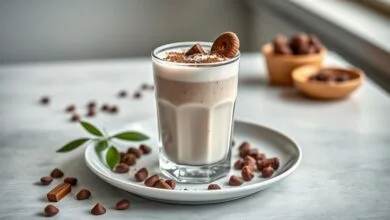 Milk shake de Ovomaltine pronto, com chantilly e calda de chocolate servido em um copo alto