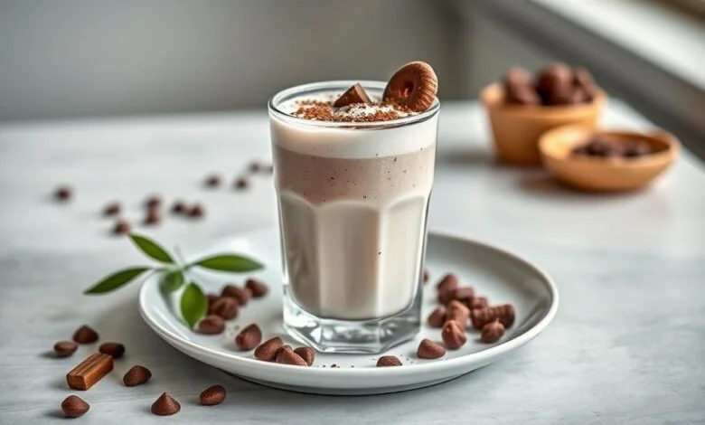 Milk shake de Ovomaltine pronto, com chantilly e calda de chocolate servido em um copo alto