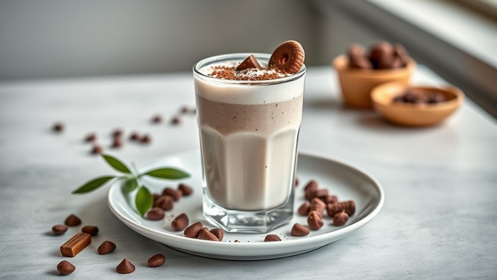 Milk shake de Ovomaltine pronto, com chantilly e calda de chocolate servido em um copo alto