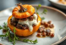 Mini abóboras recheadas com carne seca cremosa, douradas e servidas com tampa, em apresentação refinada.