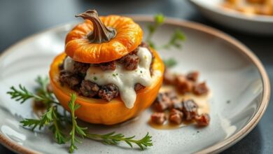 Mini abóboras recheadas com carne seca cremosa, douradas e servidas com tampa, em apresentação refinada.