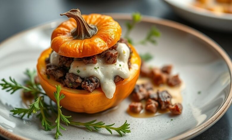 Mini abóboras recheadas com carne seca cremosa, douradas e servidas com tampa, em apresentação refinada.