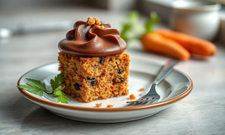 Mini bolinho de cenoura fofinho e úmido, coberto com calda de chocolate brilhante, servido em pratinhos delicados