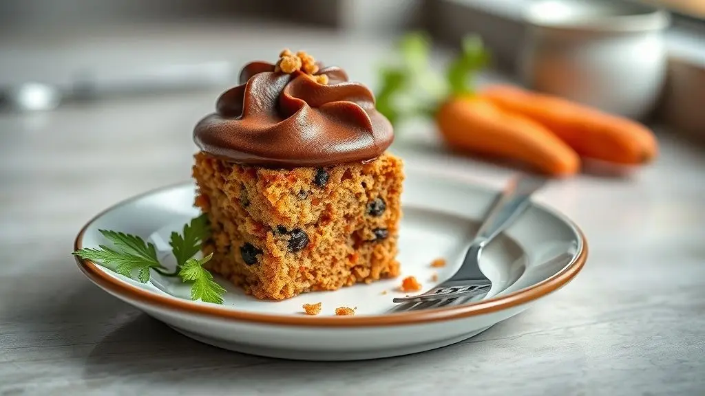Mini bolinho de cenoura fofinho e úmido, coberto com calda de chocolate brilhante, servido em pratinhos delicados