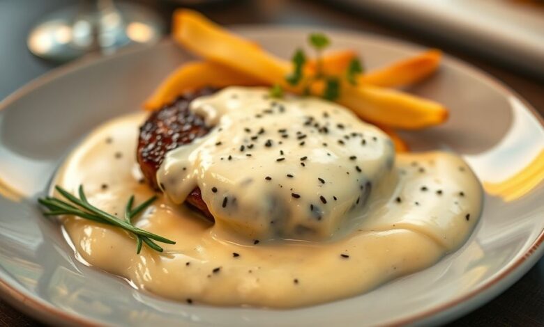 Prato de carne grelhada coberto com molho 4 queijos cremoso e dourado, servido elegantemente com ervas frescas