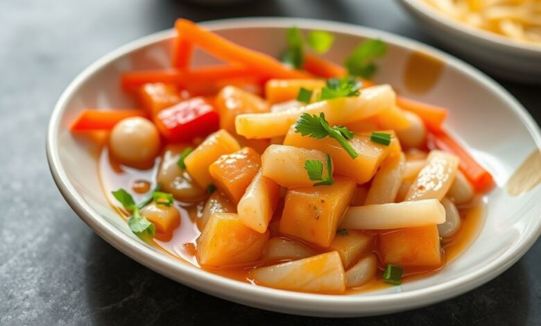 Tigela com molho agridoce simples e brilhante, textura encorpada e cor vibrante, servida em uma mesa de madeira