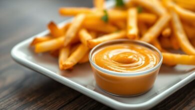 Molho Big Tasty caseiro cremoso servido em um potinho, com textura lisa e cor alaranjada, ao lado de batatas fritas douradas