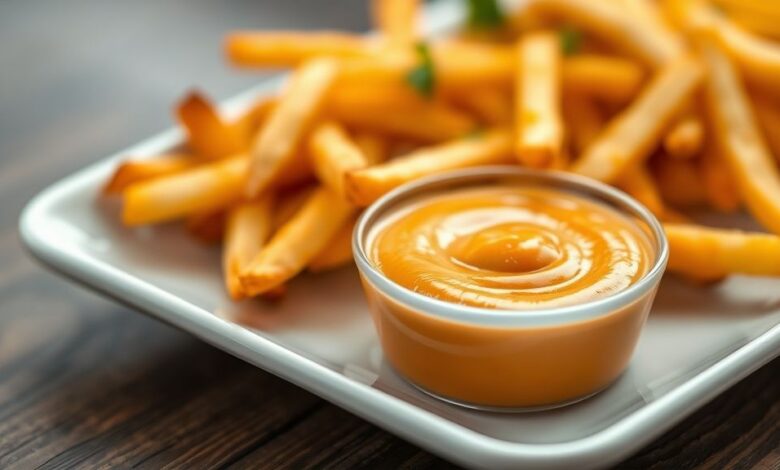 Molho Big Tasty caseiro cremoso servido em um potinho, com textura lisa e cor alaranjada, ao lado de batatas fritas douradas