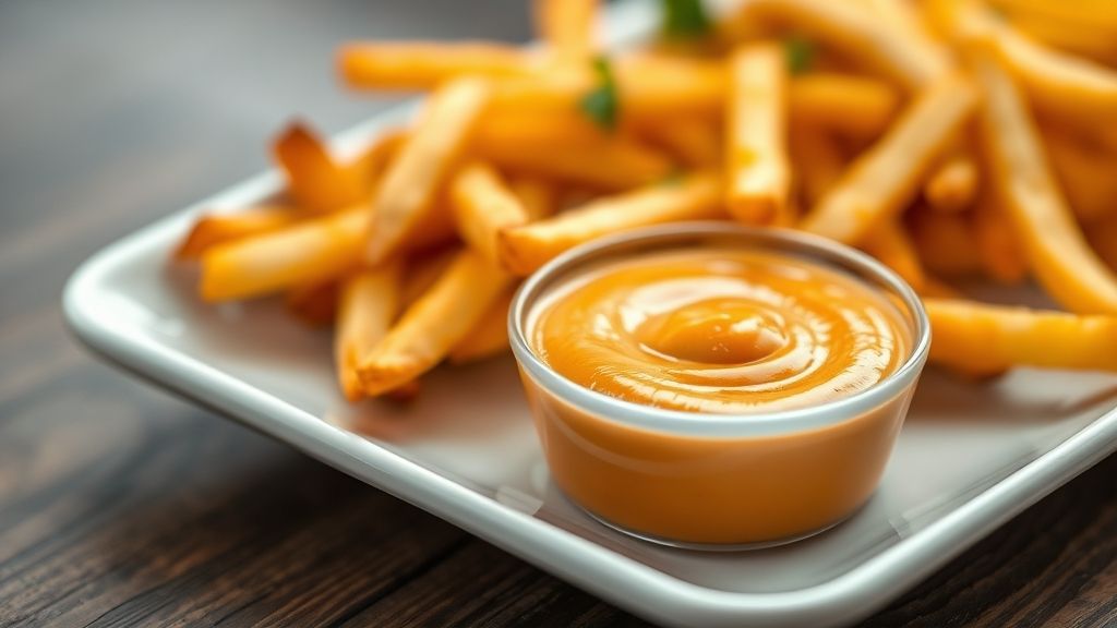 Molho Big Tasty caseiro cremoso servido em um potinho, com textura lisa e cor alaranjada, ao lado de batatas fritas douradas