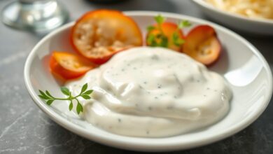 Molho branco com creme de leite servido em tigela, textura cremosa e brilho apetitoso.