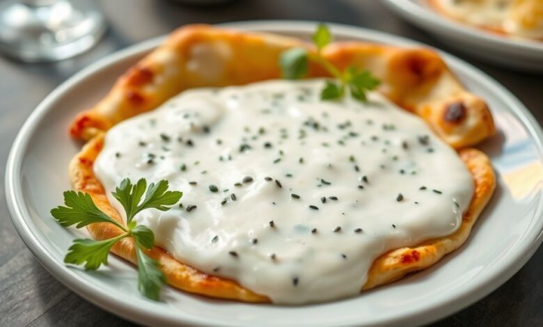 Molho branco cremoso servido sobre massa de pizza dourada, com textura aveludada e brilho apetitoso