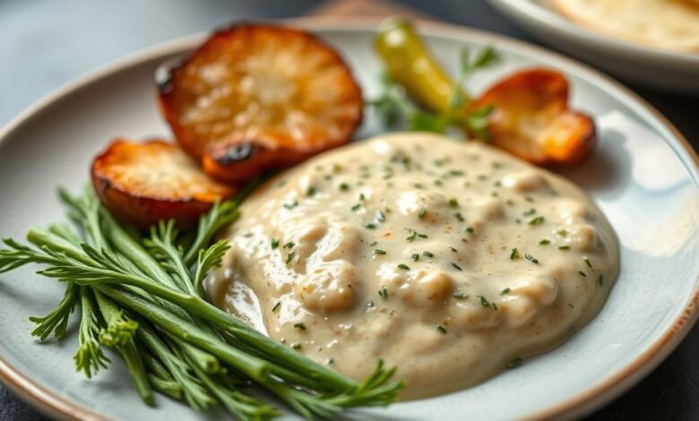 Molheira elegante com molho de alho-poró cremoso, dourado e decorado com salsinha fresca