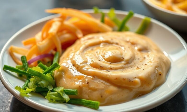 Tigela de vidro com molho de cebola agridoce cremoso e dourado, servido em bancada rústica com pão e salada ao fundo