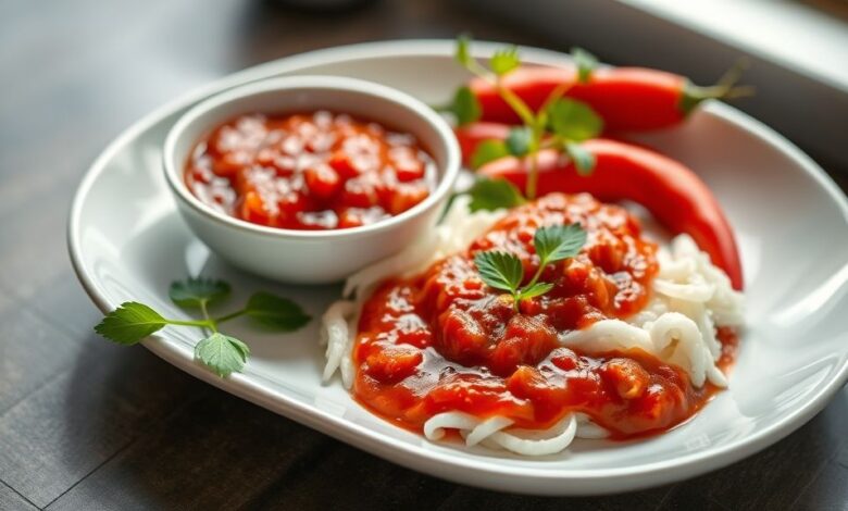 Vidro de molho de pimenta vermelha caseiro encorpado, com textura aveludada e cor intensa, pronto para servir