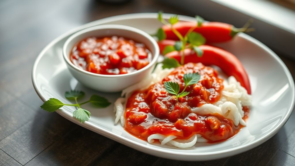 Molho de pimenta vermelha caseiro servido em vidro com textura encorpada e cor vibrante