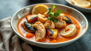 Prato de moqueca de linguado servido em panela de barro, com molho dourado, legumes e coentro fresco