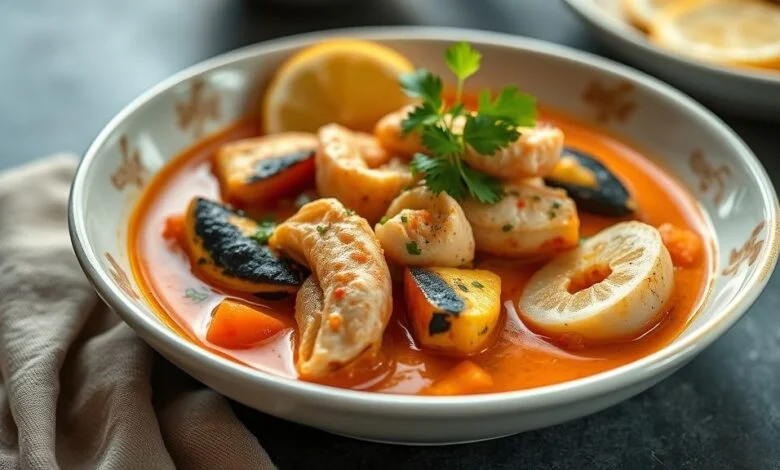 Prato de moqueca de linguado servido em panela de barro, com molho dourado, legumes e coentro fresco